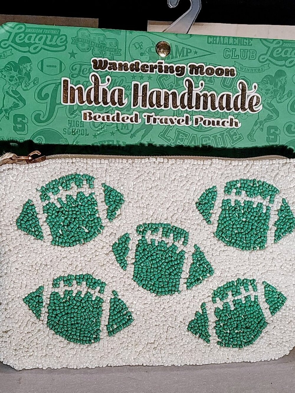 Wandering Moon India Handmade Beaded Travel Pouch Green Football White and Green